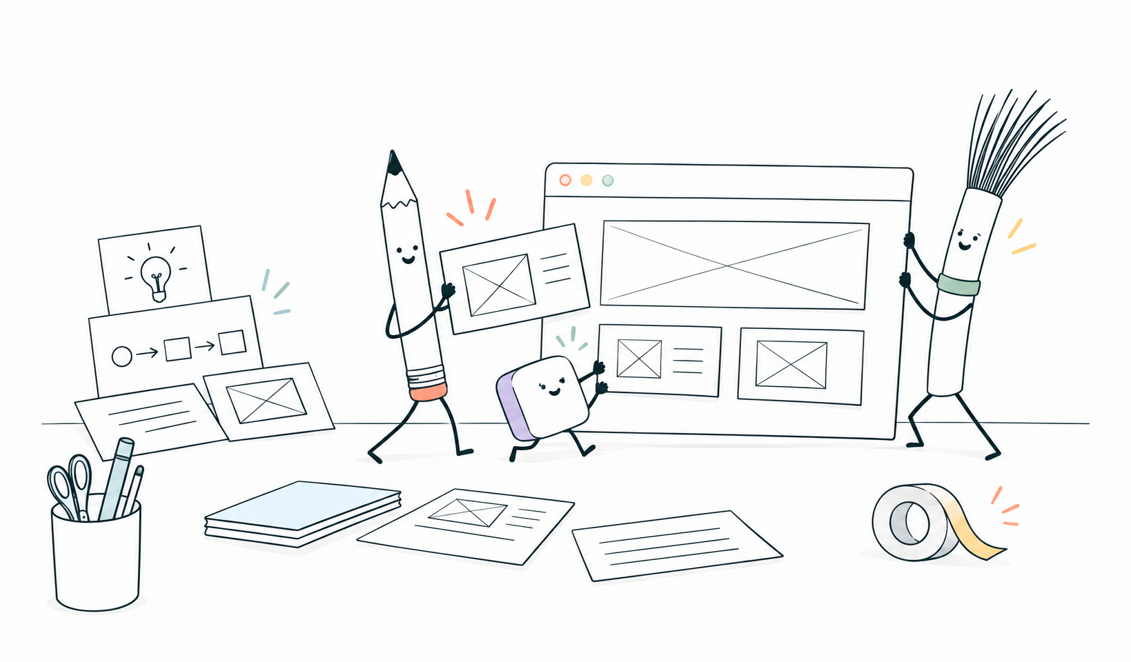 Pencil, eraser and brush characters turn paper ideas into a browser interface.