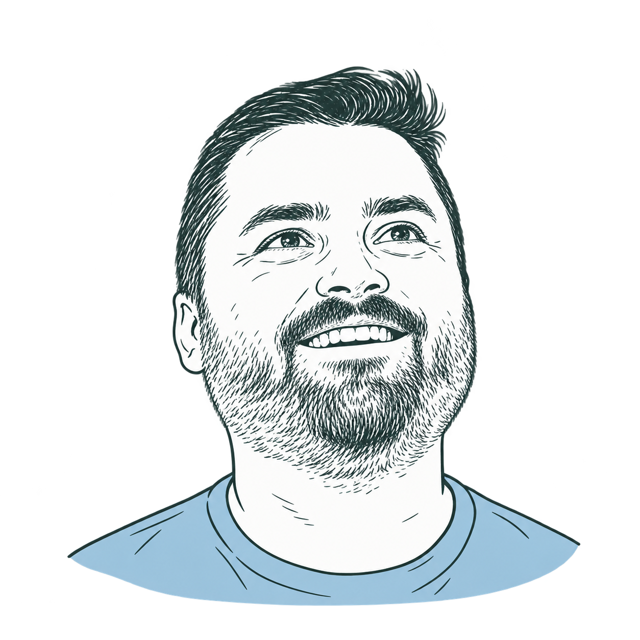 An illustrated portrait of Kyle Cooney, with swept-up hair, a beard and a warm smile.